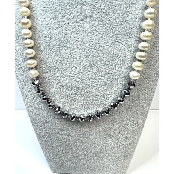 Freshwater Pearls Hematite Necklace Hematite Faceted Bicone Beaded Drop Earrings - Picture 4 of 5